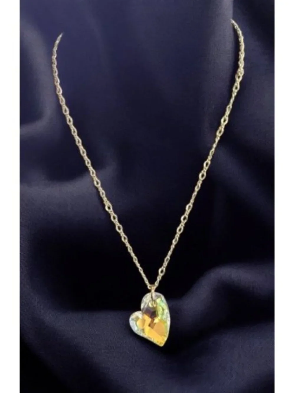 Vintage Iridescent Crystal Hanging Heart Goldtone Necklace With Back Heart